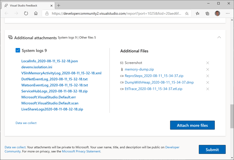 Report a Problem * Summary of logs collected