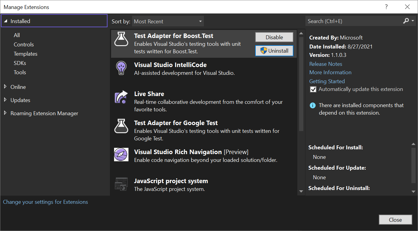 Screenshot des Erweiterungs-Managers in Visual Studio.