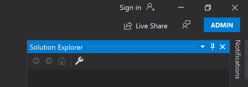 Screenshot: „ADMIN“ in der oberen rechten Ecke des Visual Studio-Fensters.