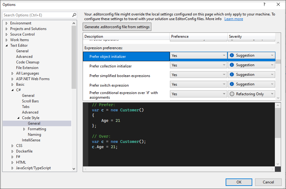 Screenshot der Codeformatoptionen.