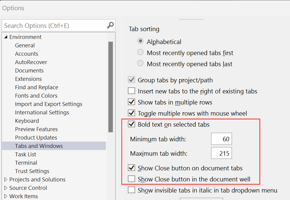 Screenshot der neuen benutzerdefinierten Organisationsoptionen für Registerkarten in Visual Studio