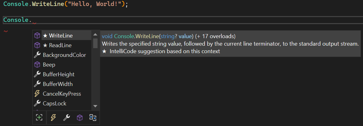 Screenshot der IntelliSense-Listenmitglieder-Funktion.