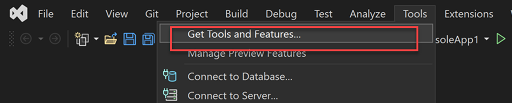 Screenshot des Menüs „Tools“ in Visual Studio 2022. „Tools und Features abrufen“ ist hervorgehoben.