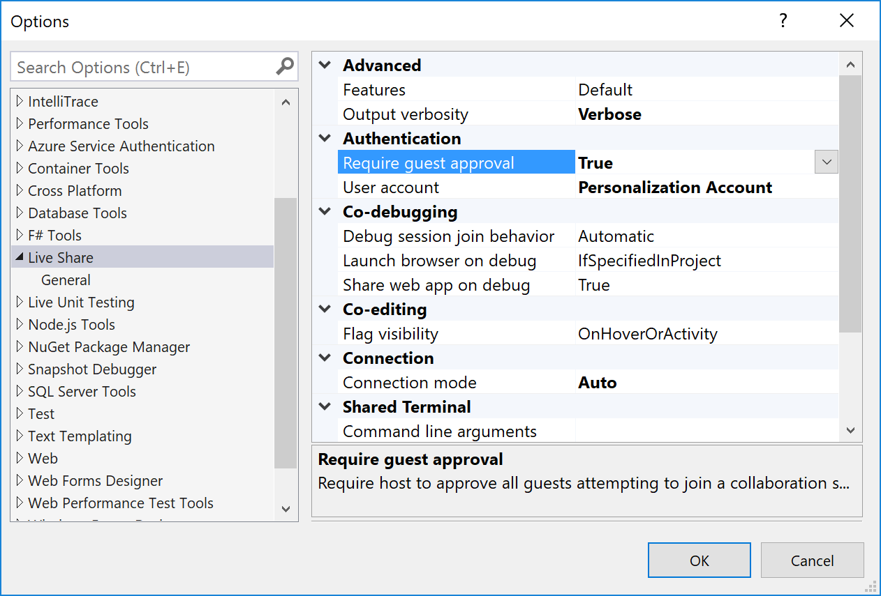 Visual Studio-Einstellungsfenster mit hervorgehobener Gastgenehmigungseinstellung