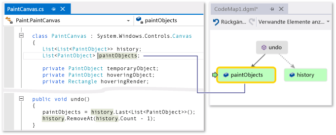 Screenshot of a code map window with the paintObjects field selected and a code editor window where all instances of paintObjects are highlighted.