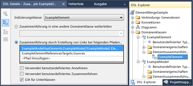 Screenshot of DSL Explorer showing an E M D being added with ExampleElement selected as the Indexing class and the Applies to subclasses option checked.