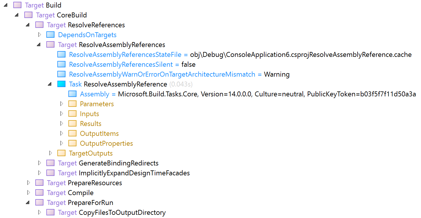 Screenshot: Protokollanzeige, die zeigt, wann „ResolveAssemblyReferences“ im Buildprozess aufgerufen wird