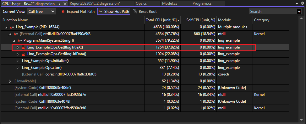 Screenshot: Verbesserte CPU-Auslastung in der Ansicht „Aufrufstruktur“ des CPU-Auslastungstools