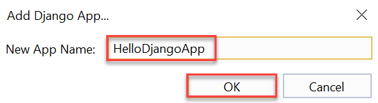 Screenshot, der zeigt, wie Sie im Popupdialogfeld in Visual Studio einen Namen für die neue Django-App eingeben.