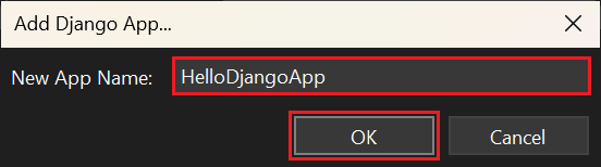 Screenshot, der zeigt, wie Sie einen Namen für die neue Django-App in Visual Studio 2022 eingeben.