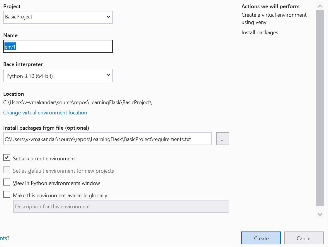 Add virtual environment dialog with requirements.txt message