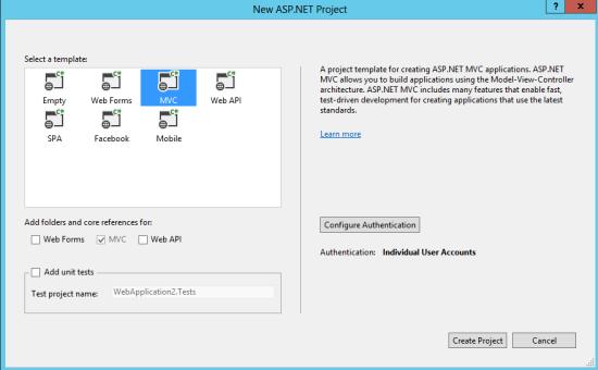 One ASP.NET-Dialogfeld „Neues Projekt“