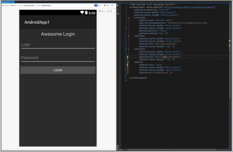 Screenshot des Xamarin.Android-Editors mit geteilter Ansicht.