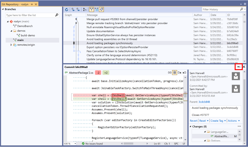 Eingebettete Commitdetails und Dateivergleich im Git-Repositoryfenster.