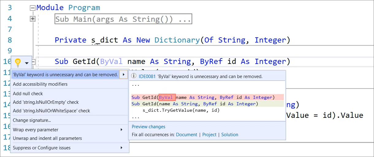 Entfernen des ByVal-Refactorings in Visual Basic