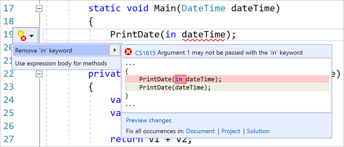 Codefix: „in“-Schlüsselwort entfernen