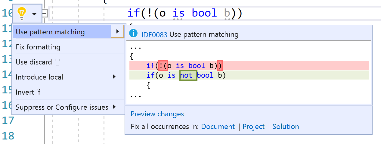 Einführung einer C# 9-Syntax für den not-Musterabgleich durch Refactoring