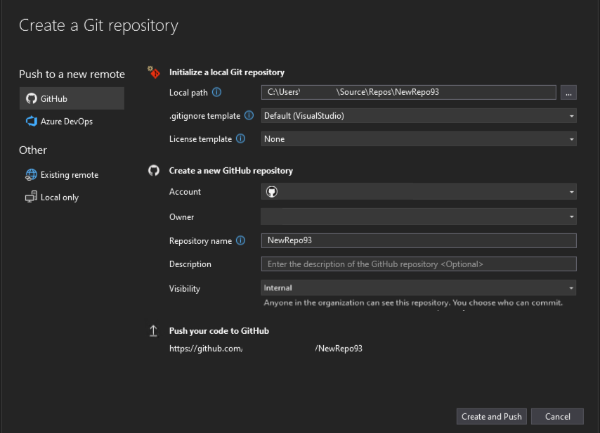 Dialogfeld zum neuen Repository