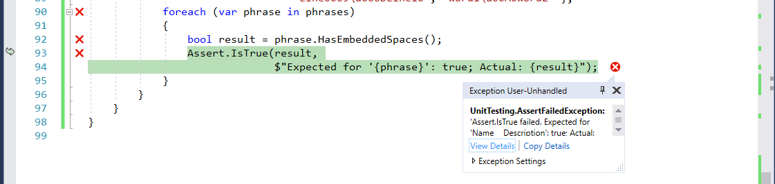 Ausnahmedialogfeld in Live Unit Testing