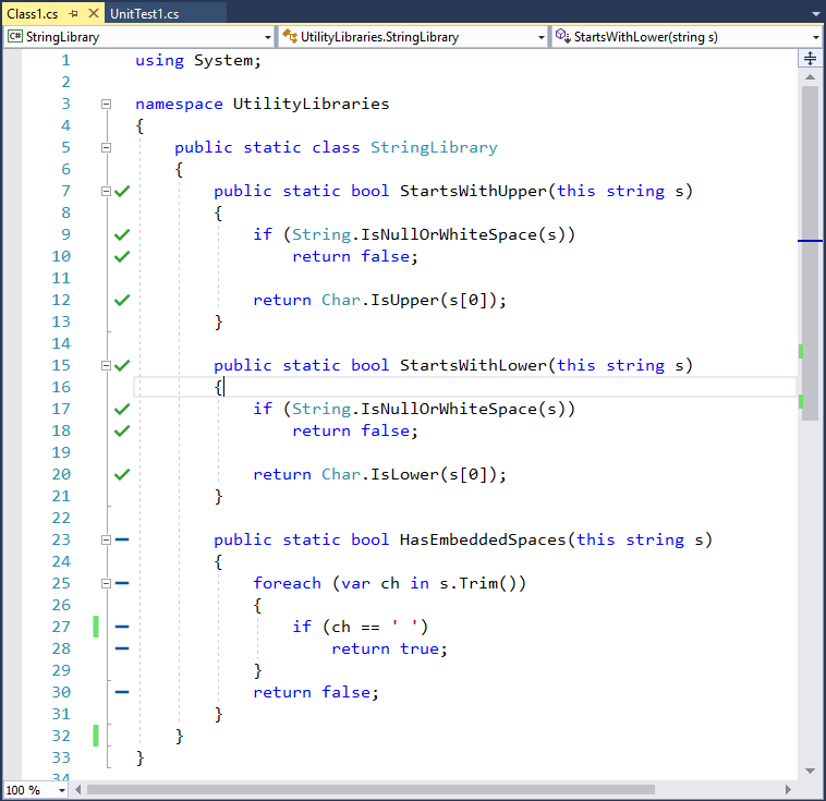 Code Coverage für die Methode StartsWithLower