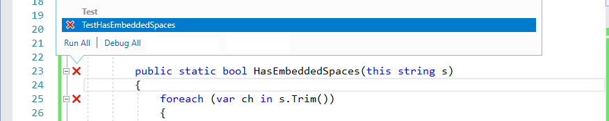 Live Unit Testing-Optionen für einen nicht erfolgreichen Test