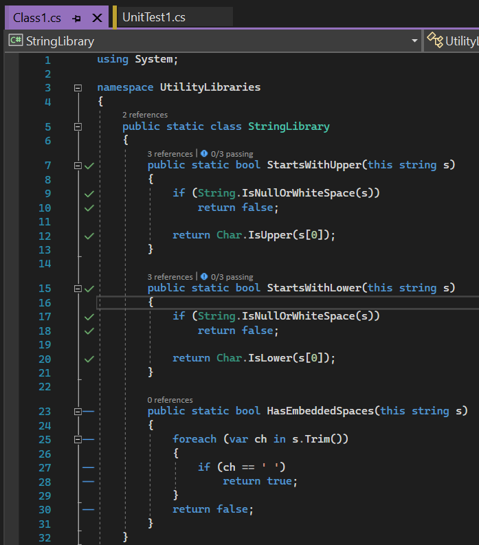 Code Coverage für die Methode StartsWithLower