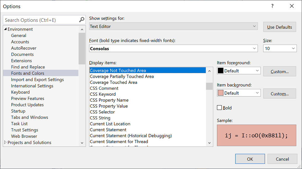 Screenshot: Schriftarten und Farben für Code Coverage