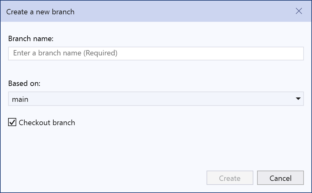 Dialogfeld „Neuen Branch erstellen“ in Visual Studio