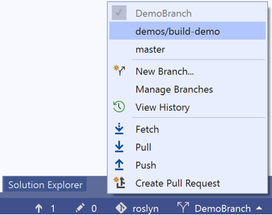 In der Visual Studio-IDE können Sie die aktuellen Verzweigungen sehen, indem Sie die Statusleiste in der unteren rechten Ecke verwenden 