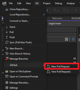 Das Git-Menü auf der obersten Ebene mit ausgewählter Option „GitHub“ und hervorgehobenem Text „Neuer Pull Request“ in Visual Studio 2022.