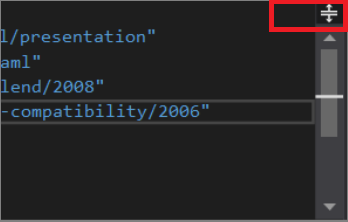 Screenshot: Mittlerer Bereich des XAML-Code-Editors in Visual Studio 2019 mit hervorgehobener Schaltfläche „Teilen“ oben rechts