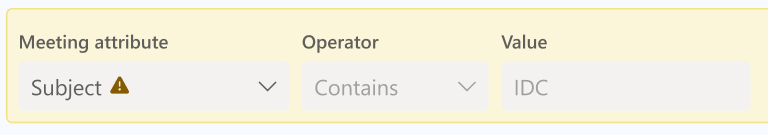 Screenshot einer gelben Warnung für einen Filter, für den das Meeting-Attribut Betreff ist.