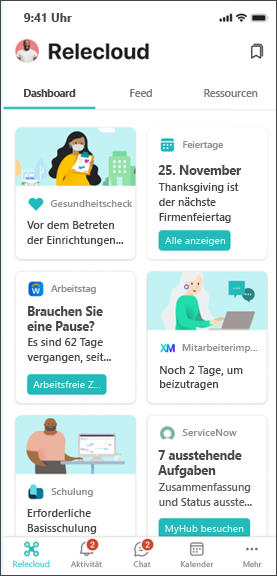 Abbildung der Viva Connections Dashboard, die für Mitarbeiter in Service und Produktion entwickelt wurde.