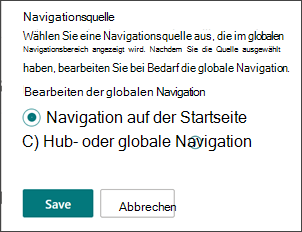 Screenshot des Orts, an dem die Quelle für die globale Nagivation ausgewählt wird.