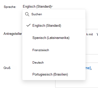 Screenshot der Dropdownliste 