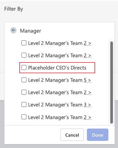 Screenshot: Filter der Managerhierarchie in Glint Berichterstellung mit einem Platzhalter-CEO als Benutzer der obersten Ebene und mehreren CEOs als Manager der Ebene 2.