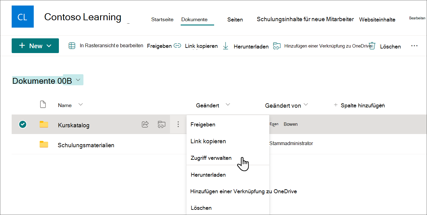 Screenshot eines Ordners, der im Lerninhaltsrepository ausgewählt ist und der Cursor auf Zugriff verwalten zeigt.