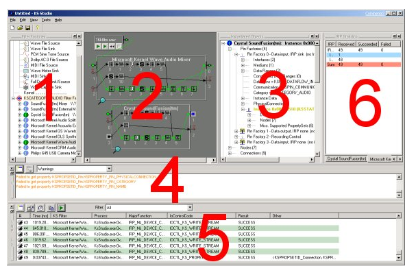 Screenshot der KSStream-Hilfsprogrammschnittstelle mit den Menübereichen 1, 2, 3 und 6 in der ersten Zeile, gefolgt von 4 und 5 in der unteren Zeile.