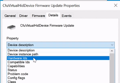 Hardware-IDs in der Dropdownliste der Eigenschaft.