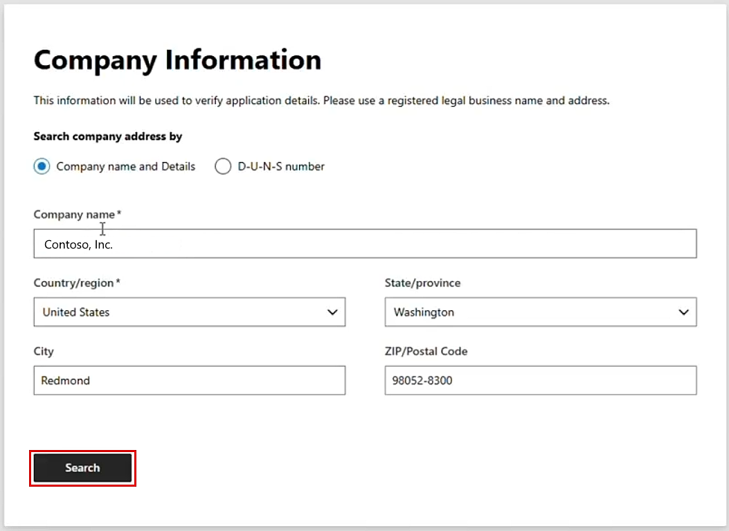 Screenshot der Microsoft Partner Center-Unternehmensinformationsseite.