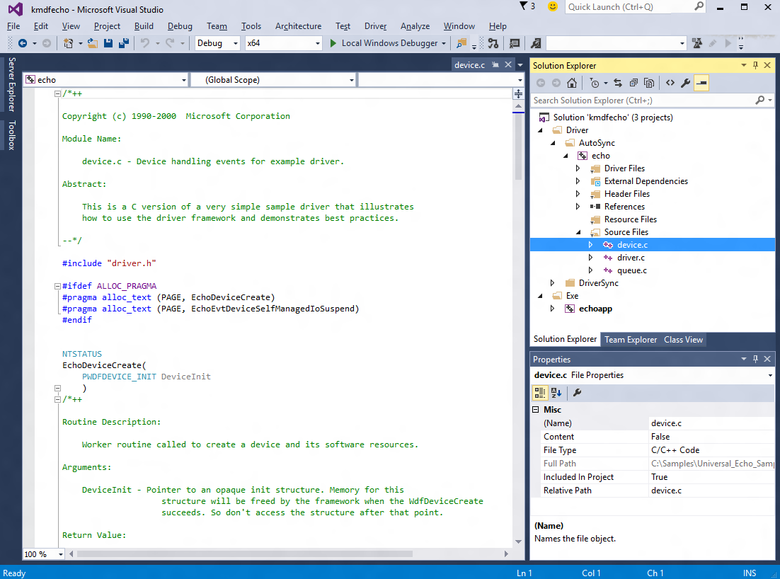 Screenshot von Visual Studio, das die aus dem kmdfecho-Projekt geladene Datei 