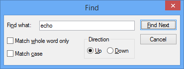 Screenshot des Dialogfelds „Suchen“ in WinDbg bei der Suche nach dem Begriff „echo“.