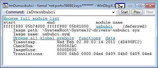 Screenshot der Details des Usbuhci-Moduls im Debugger.