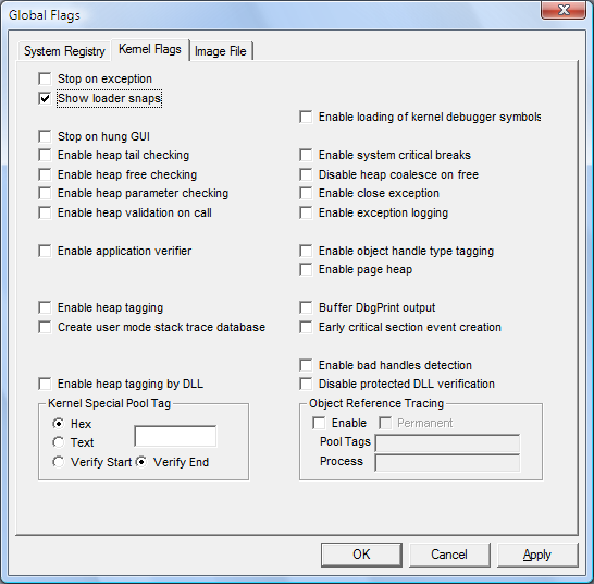 Screenshot der Registerkarte Kernelflags in Windows Vista