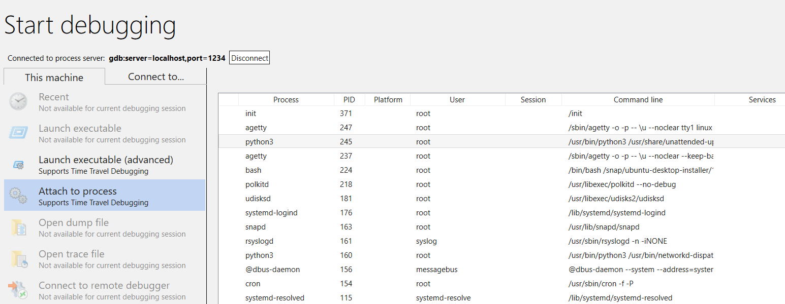 Screenshot der WinDbg-Start-Debugging-Seite, die das Anhängen an einen Prozess mit etwa 20 aufgelisteten Prozessen zeigt.