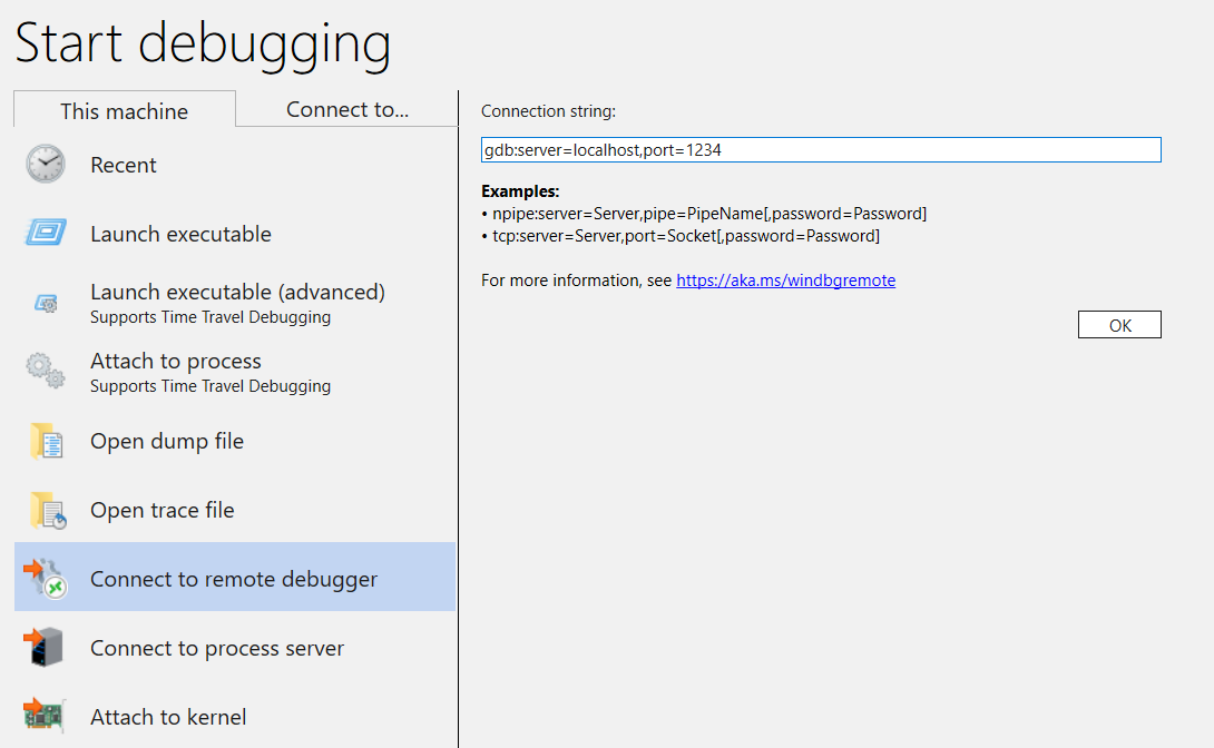 Screenshot der Start-Debugging-Seite von WinDbg mit der Verbindungszeichenfolge.