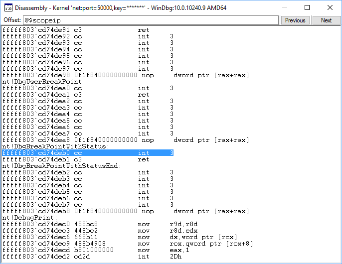 Screenshot des WinDbg-Disassemblierungsfensters mit Assemblercode.