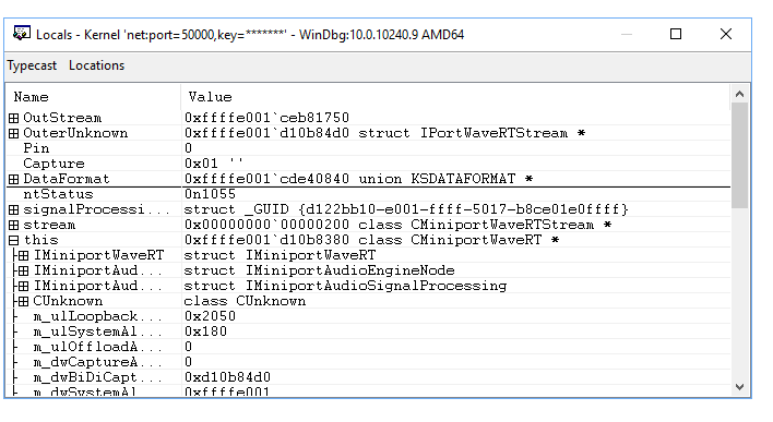 WinDbg-Schnittstelle mit Anzeige von Beispielcode-Locals und Befehlsfenstern.