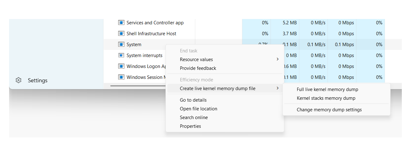 Screenshot der Benutzeroberfläche des Task Manager-Livespeicherabbilds.