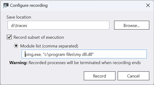 Screenshot des Dialogfelds Configure Recording mit aktiviertem Kontrollkästchen Record subset of execution und dem Textfeld Module list.